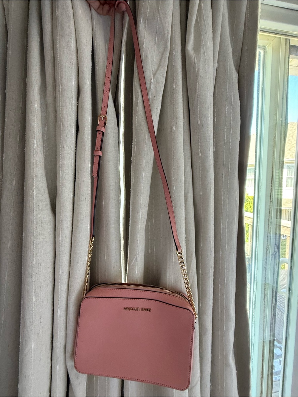 Michael Kors Rose Pink Leather Crossbody Bag with Gold Chain